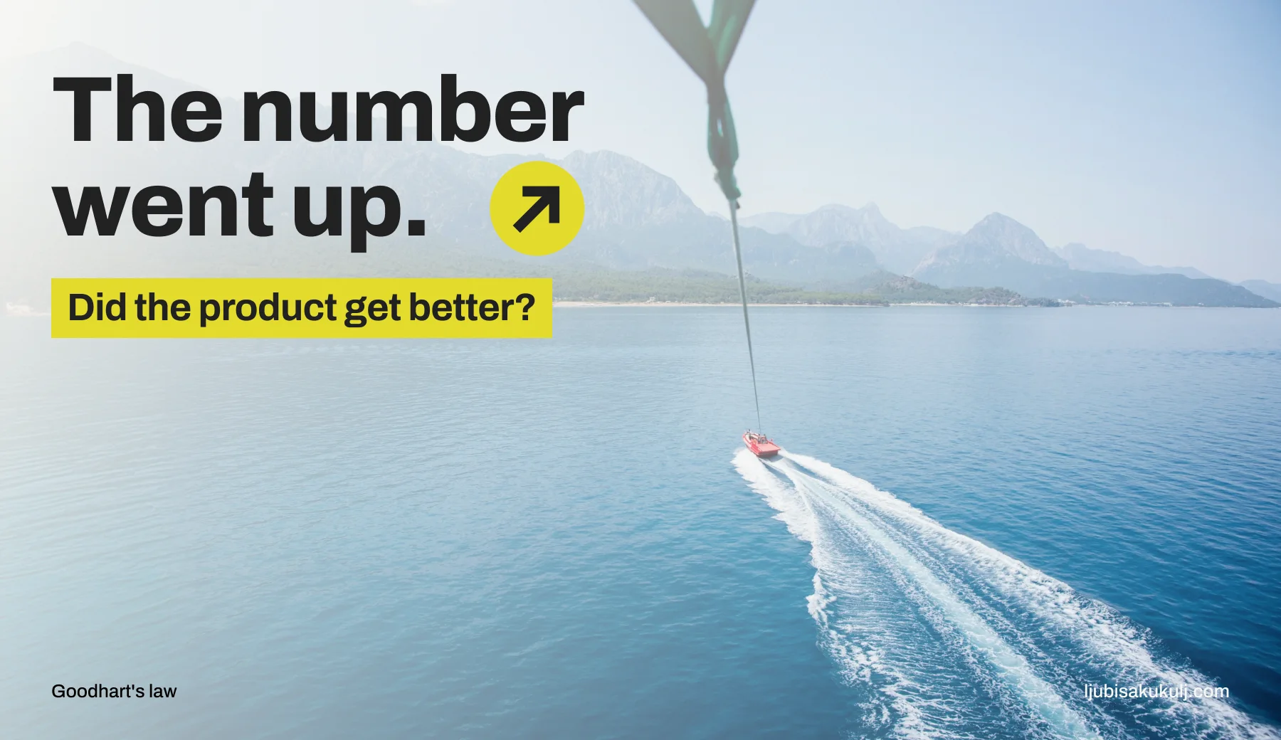 Poster with the headline 'The number went up.' and a photograph of a speedboat towing a parasail across a bay.